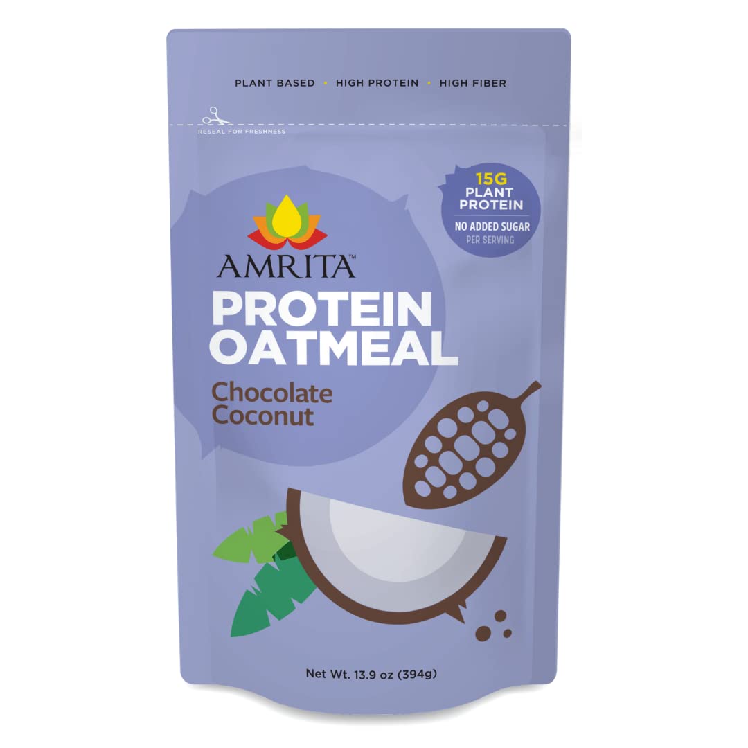 Amrita Avena con proteína de chocolate y coco durante la noche (14 onzas), alta fibra, sin azúcar añadida, cereales para el desayuno, batidos de