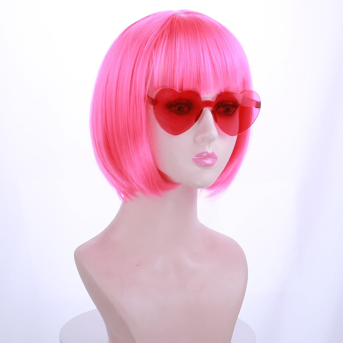 MAGQOO Peluca rosa intenso y gafas de sol para fiesta, pelucas de color rosa intenso para mujer, peluca corta y recta rosa intenso con flequillo,