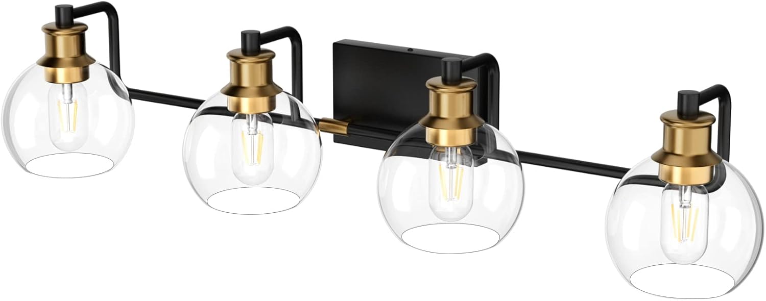 Tipace Lámparas industriales para tocador de baño, 4 luces, acabado vintage negro y dorado con globo de vidrio transparente, iluminación de baño de