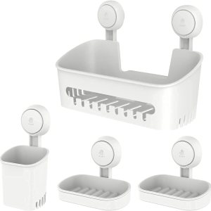 LEVERLOC Organizador de ducha y soporte para jabón y cepillo de dientes, ventosa para jabonera, instalación de un segundo, sin perforaciones, juego LEVERLOC Organizador de ducha y soporte para jabón y cepillo de dientes, ventosa para jabonera, instalación de un segundo, sin perforaciones, juego