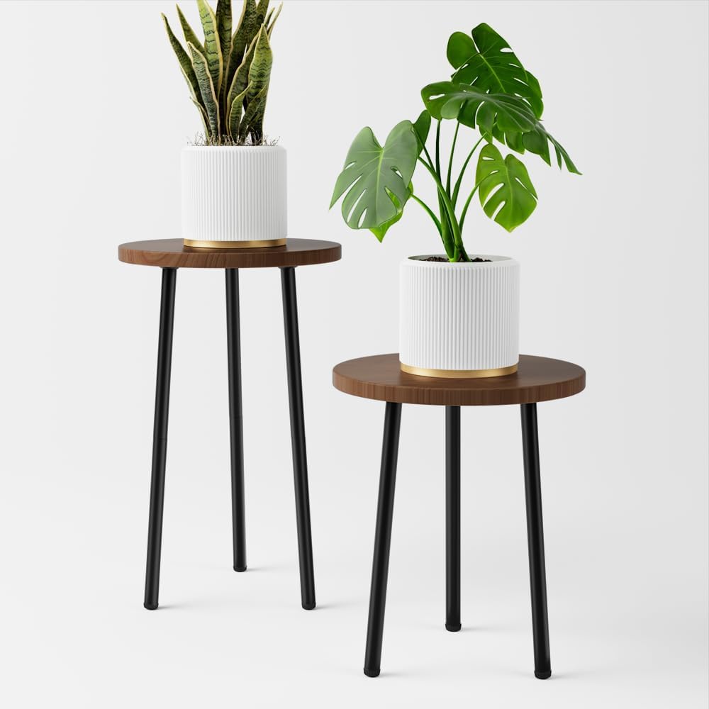 Paquete de 2 soportes para plantas, soporte alto de madera de metal para interiores, mesa auxiliar redonda pequeña junto al sofá, estantes de