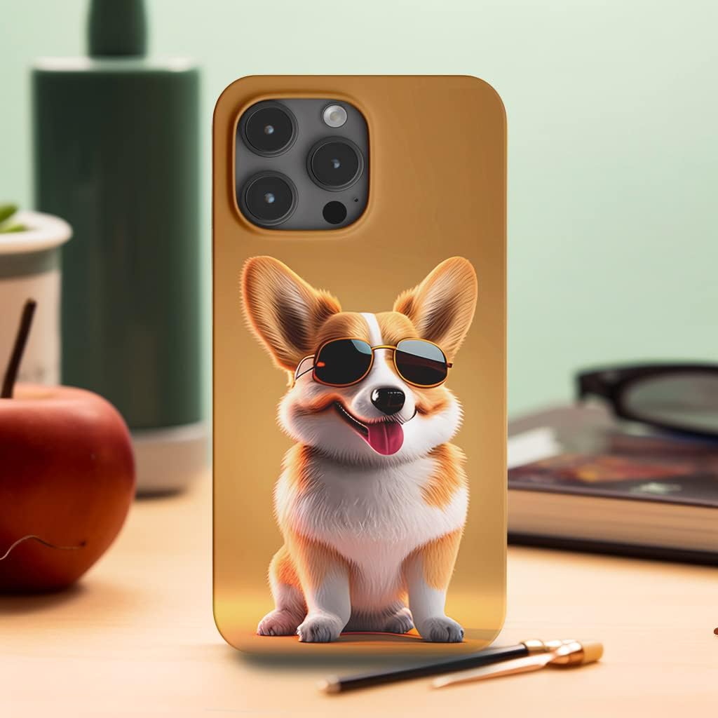 Lindo Corgi cachorro con gafas de sol amarillo para iPhone 14 Pro Max Descripción de la caja del teléfono, paquete completo de pintura en aerosol,