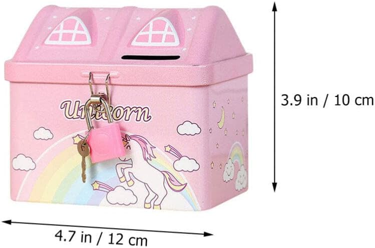 Alcancía con forma de casa para niñas con cerradura y llave, banco de dinero de unicornio de metal para niñas y niños, regalo y decoración del hogar