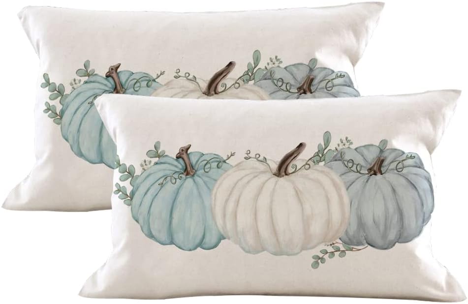 Juego de 2 fundas de almohada decorativas de otoño de 12 x 20 pulgadas, fundas de cojín de calabazas de acuarela, almohadas lumbares, lino