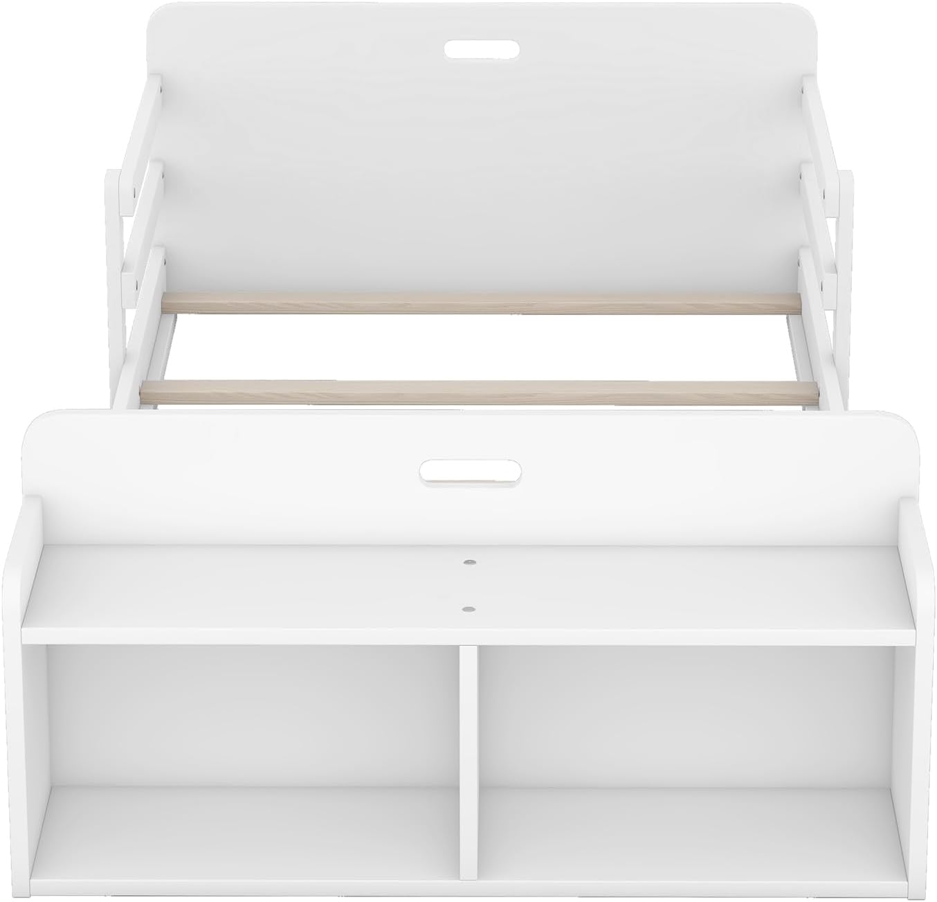Cama de suelo de tamaño individual con rieles y banco de almacenamiento, marco de cama de madera para niños con cabecera y estribo, no necesita