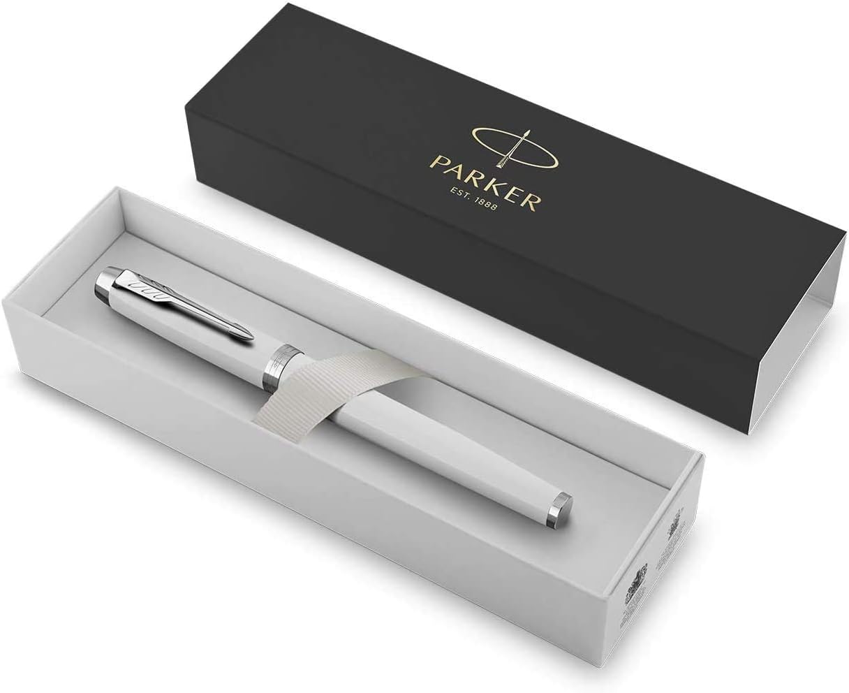 Pluma fuente Parker IM Punta fina de metal satinado con recarga de tinta azul (1931649)., Blanco y cromado