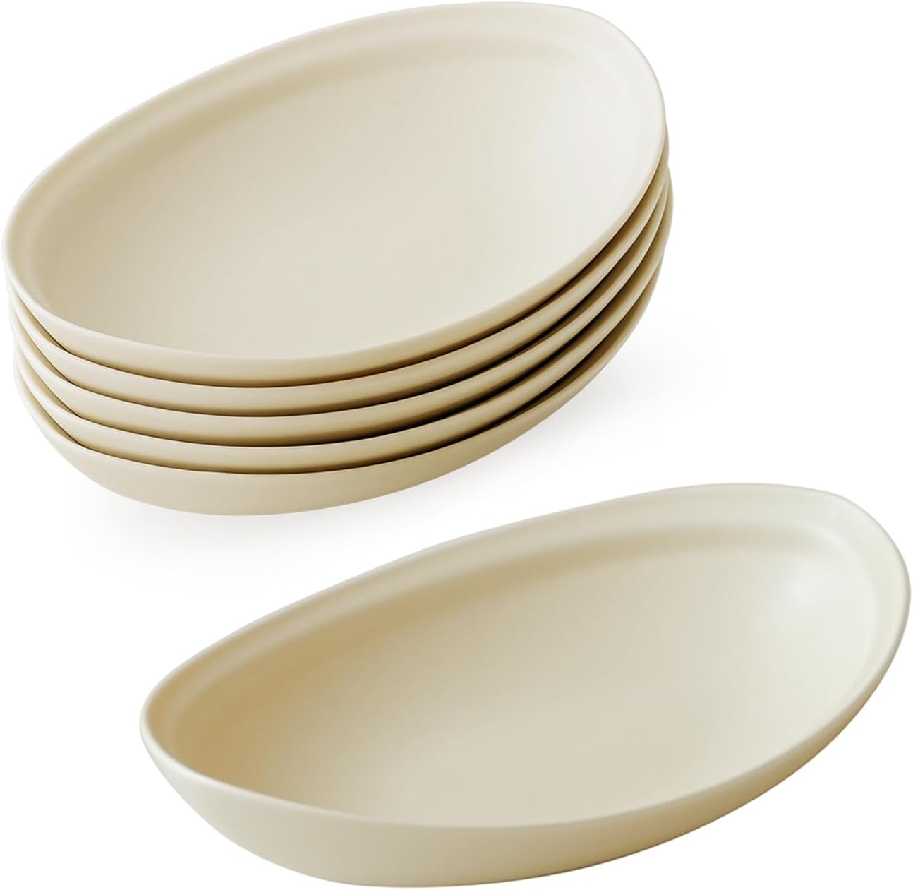 WENSHUO Plato ovalado en forma de barco, plato de cerámica para aperitivos, alimentos, galletas, postre, ensalada, 7 pulgadas, juego de 6, crema mate