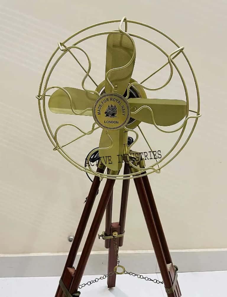 ACTIVE INDUSTRIES Ventilador de piso antiguo hecho a mano, ventilador azul marino real con trípode de madera marrón 45 pulgadas