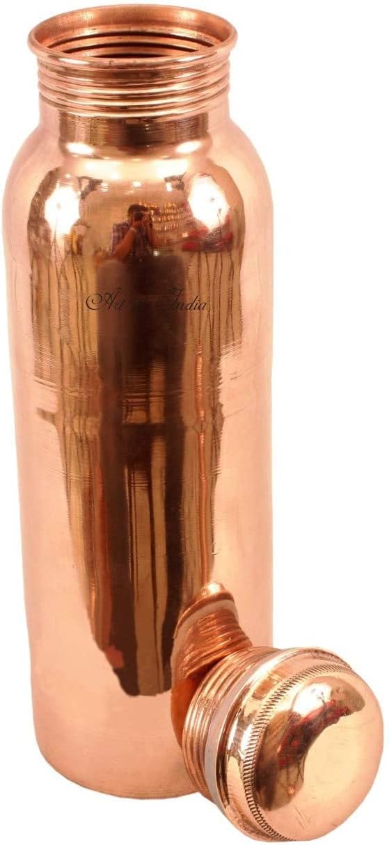 Arts Of India Botella de agua de cobre puro, juego de bebida, capacidad 33.8 fl oz, juego de 2 (martillado y liso)