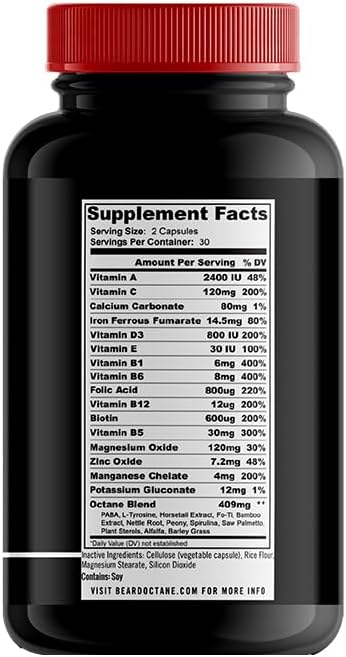 Beard Octane Combustible para barba – Complejo vitamínico para el crecimiento del cabello de la barba con biotina, vitamina A, vitamina C –