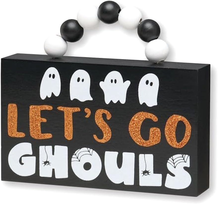 Letrero de caja con la frase “Let’s Go Ghouls” con mango de cuentas  Letreros de otoño de madera  Decoración rústica de otoño para Halloween