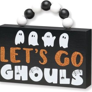 Letrero de caja con la frase “Let’s Go Ghouls” con mango de cuentas  Letreros de otoño de madera  Decoración rústica de otoño para Halloween Letrero de caja con la frase “Let’s Go Ghouls” con mango de cuentas  Letreros de otoño de madera  Decoración rústica de otoño para Halloween