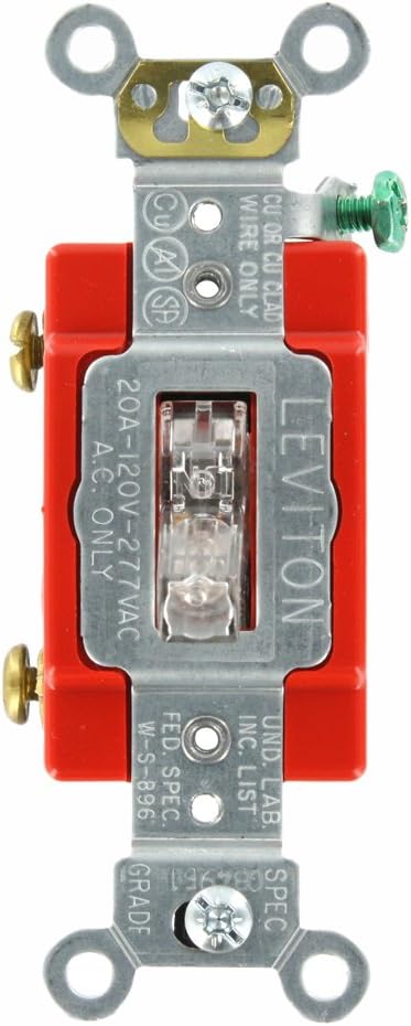Leviton 1221-LHC 20-Amp, 120 voltios, mango iluminado de palanca iluminada, interruptor silencioso de CA de un solo polo iluminado, grado extra