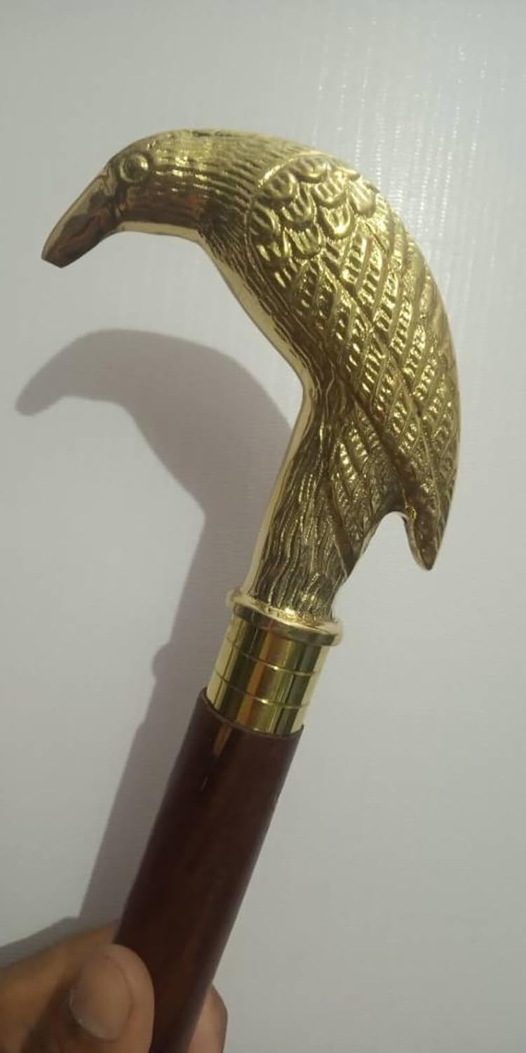 Bastón de madera de latón macizo, mango de cabeza de cuervo de 37 pulgadas, bastón de madera de diseñador para personas mayores y adultos