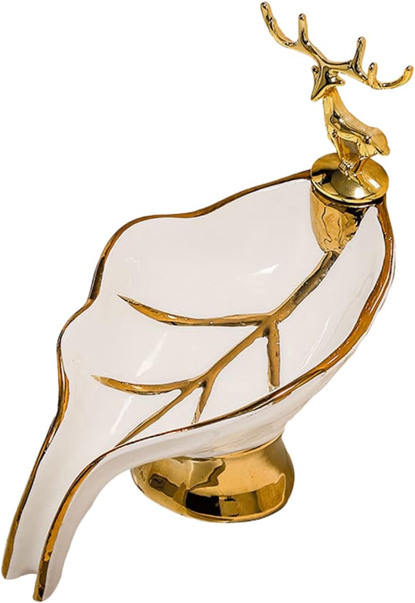 Light Luxury Style Ceramic Soap Rack Leaf Shaped Soap Dish Self Draining Soap Holder Creative Soap Box with Golden Deer for Shower Bathroom Kitchen