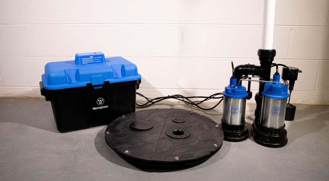 Westinghouse – Bomba de sumidero de respaldo de batería con sistema de alarma, 12 HP – Bomba de sumidero de respaldo de hasta 5,200 galones por hora