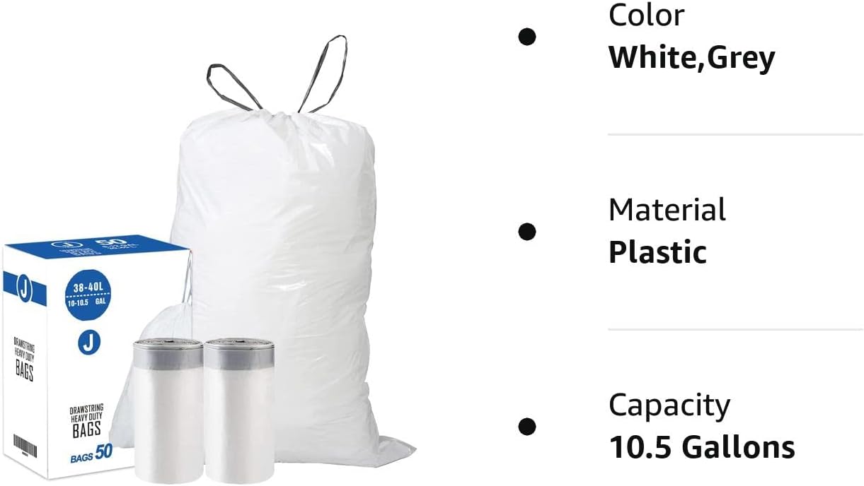 Code J (50 unidades) Bolsas de basura de plástico resistentes con cordón de 10-10.5 galones de 1.2 mil. Bolsas de basura con cordón blanco de