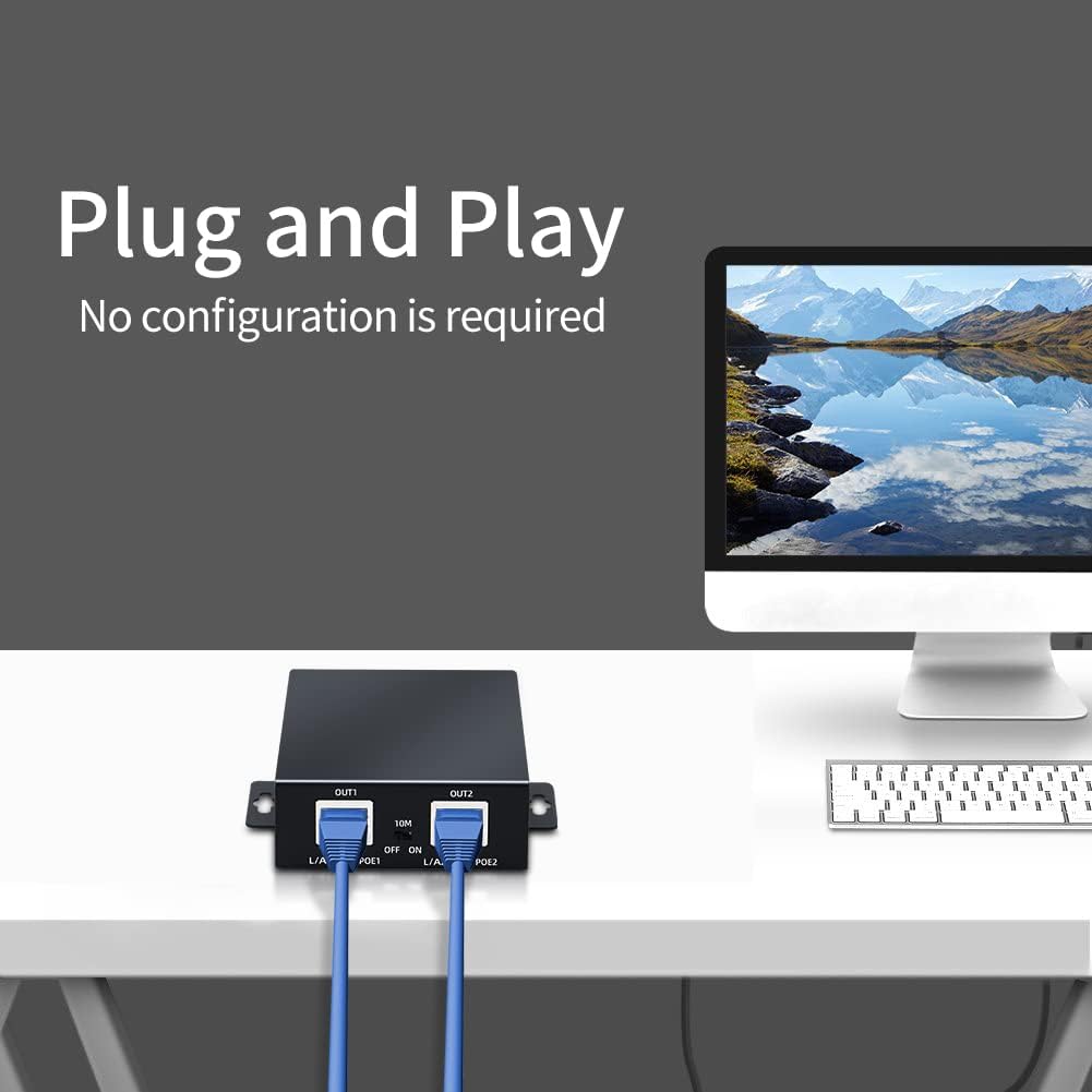 SODOLA Extensor POE de 2 puertos 10100 Mbps, repetidor POE 1 en 2 salidas para sistemas de seguridad cámara IP, amplificador PoE, refuerzo PoE,