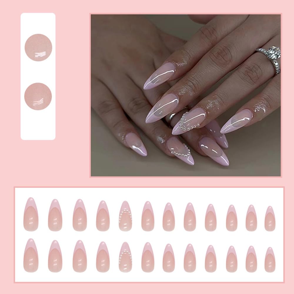 Juego de 24 uñas postizas a presión color nude de almendra, tamaño mediano, kawaii, lindas uñas postizas a presión, color rosa, francesas, cobertura