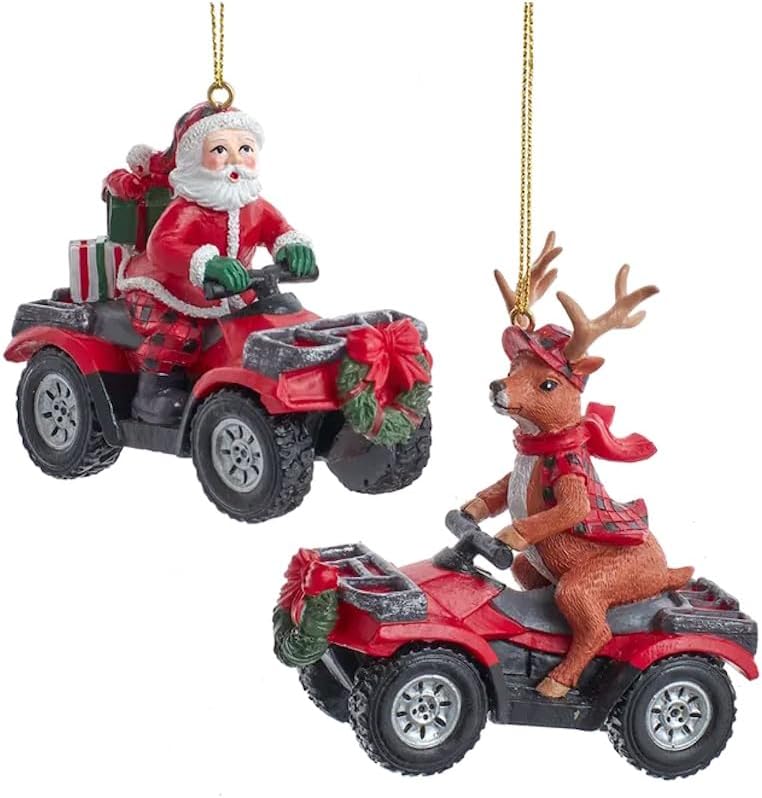 The Bridge Collection Adornos de Papá Noel y un reno en ATV  Juego de 2  Adornos de reno y Papá Noel para decoración navideña  Adornos de Navidad de