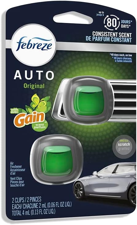 Febreze Ambientador con clip de ventilación de automóvil, eliminador de olores para hasta 30 días de frescura, 2 clips (ganancia)