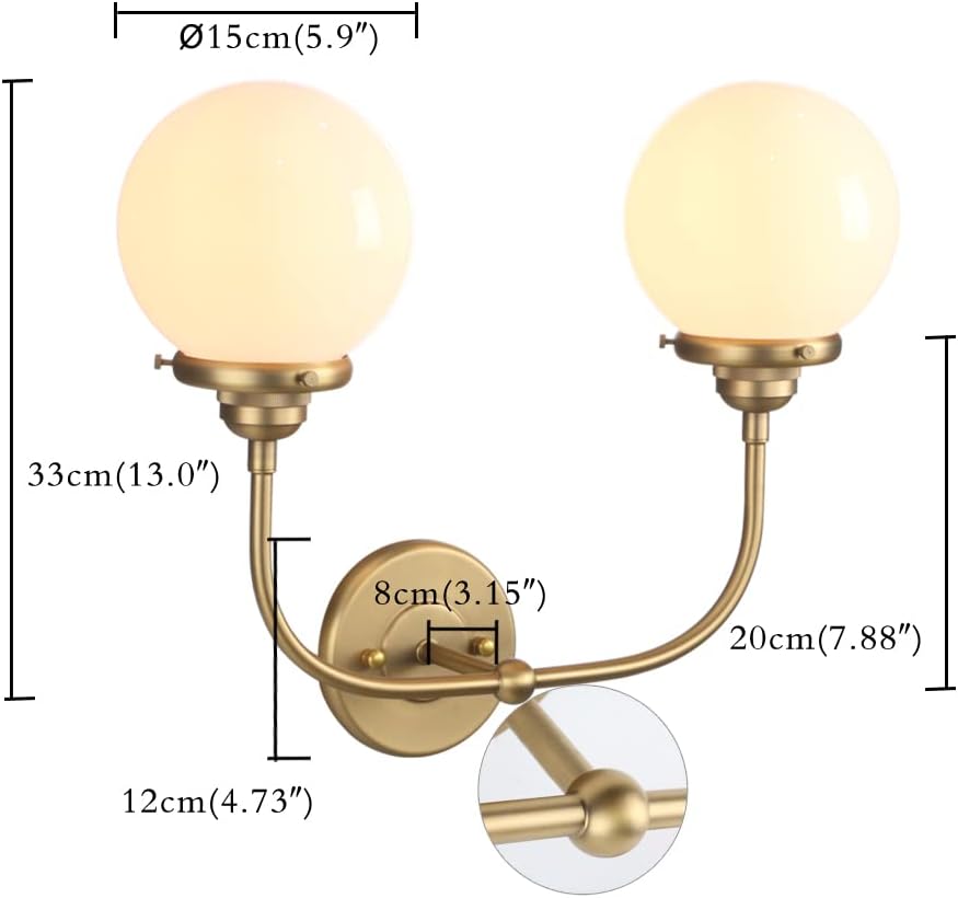 Permo Moderno aplique doble de latón de transición con 2 luces con globo redondo de 5.9 pulgadas, pantalla de vidrio blanco leche para dormitorio,