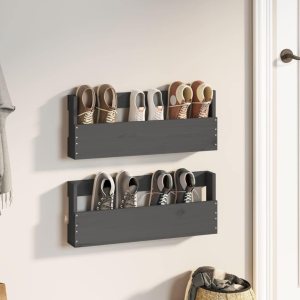 Zapateros de pared 2 piezas Gris 23.2×3.5×9.1 in Madera maciza Pino Zapateros de pared 2 piezas Gris 23.2×3.5×9.1 in Madera maciza Pino