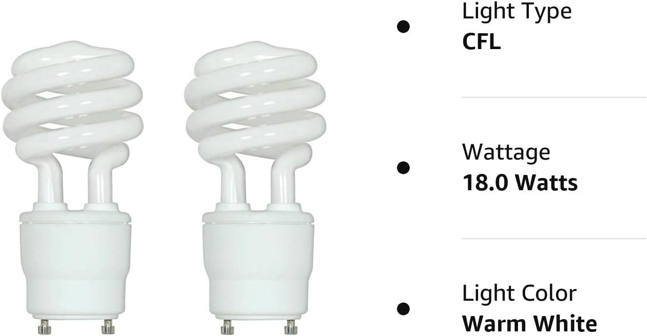 Satco S8205 – Lámpara fluorescente compacta con base GU24 de 18 W, 2700 K, 2700 K, 2 unidades, blanco cálido, 75 W igual