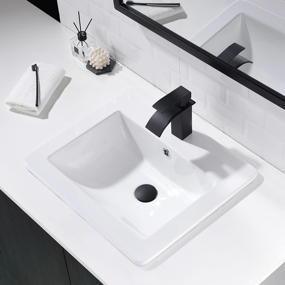 Fregadero de baño de 21 x 18 pulgadas, rectangular, color blanco, de porcelana, de cerámica, con grifo negro y desagüe desplegable