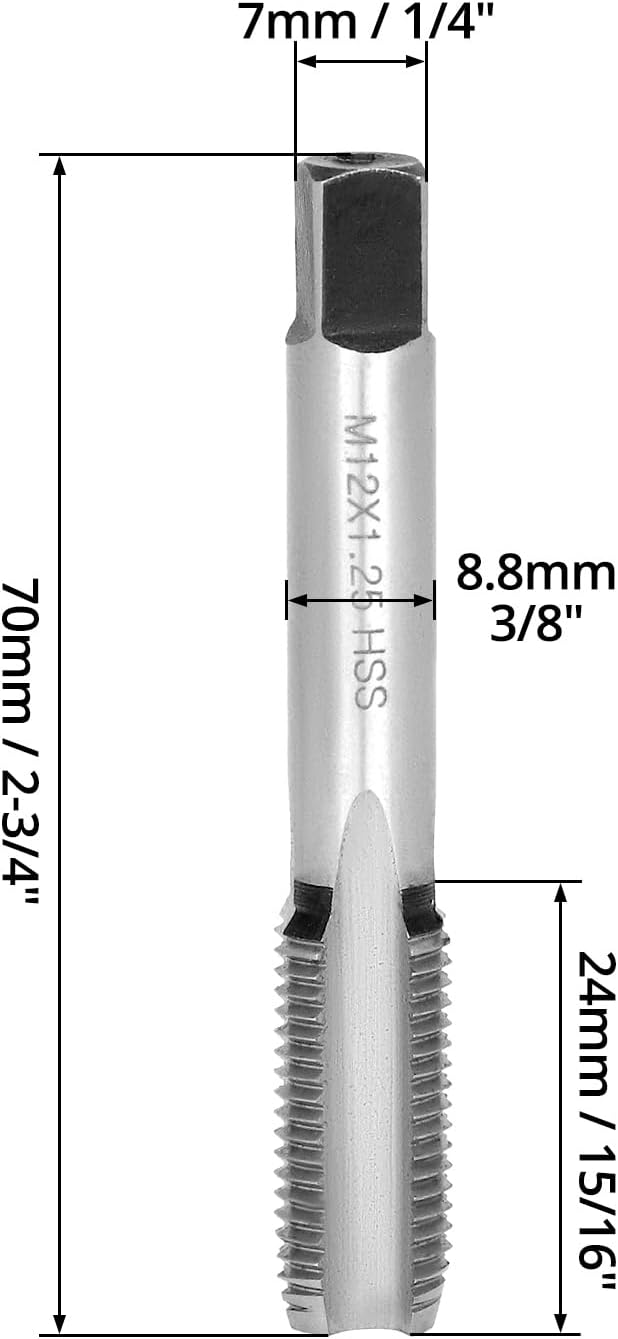 QWORK Taper métrico cónico y enchufe, paquete de 2 roscas M12 x 1.25 para mano derecha, herramienta HSS de corte de precisión con extremo cuadrado y