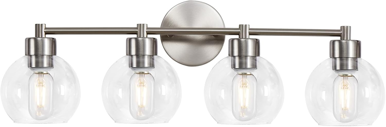 Lámparas de baño, 4 luces de tocador de baño, acabado redondo de níquel cepillado, luces de tocador de baño con pantallas de vidrio transparente de