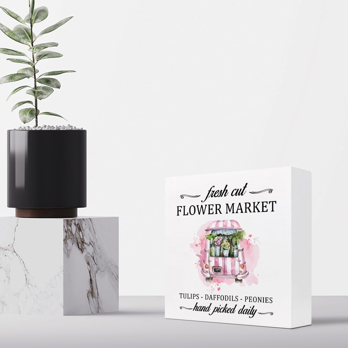 Flower Market – Letrero de madera rosa para automóvil, decoración de escritorio de flores rústicas de primavera y verano, decoración de escritorio