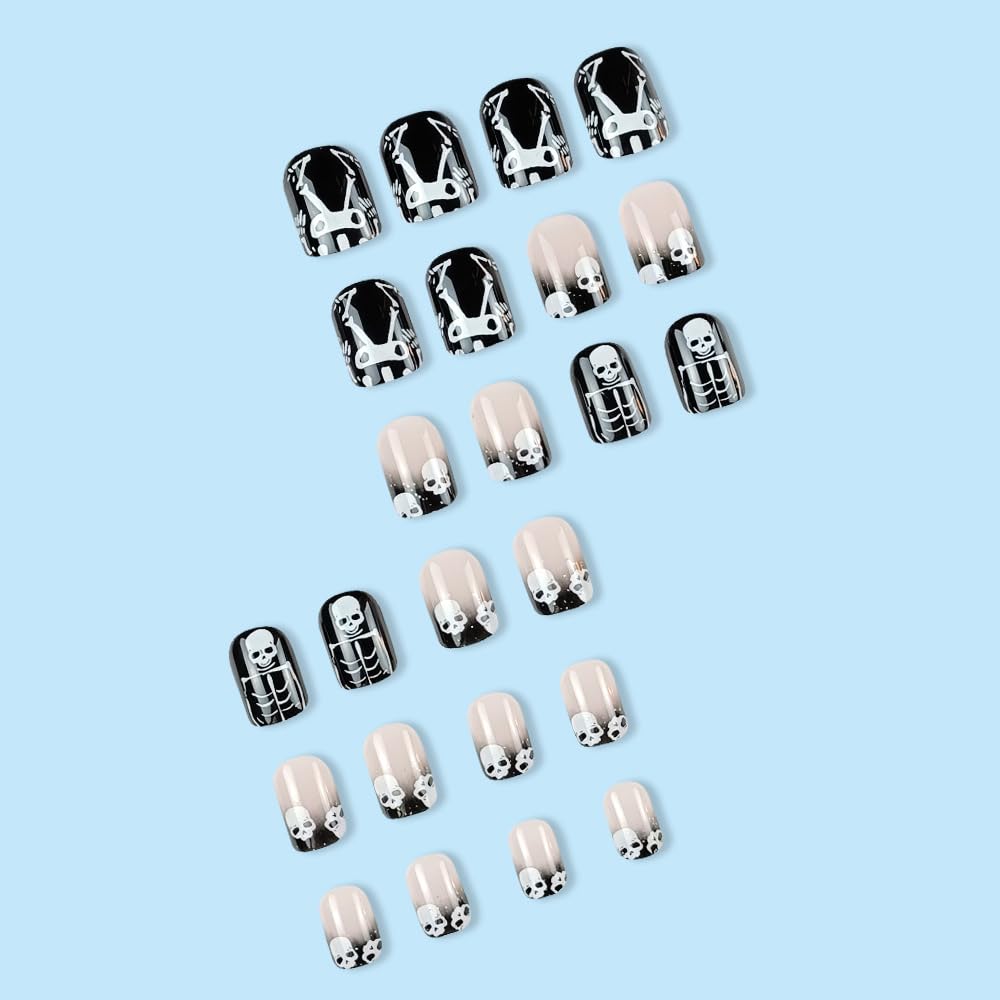 Uñas postizas negras de Halloween, uñas cortas cuadradas a presión, uñas postizas de calavera de cobertura completa, uñas acrílicas artificiales con
