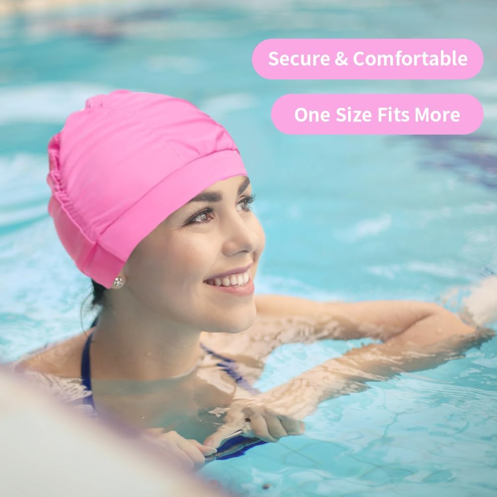 2 gorras de natación de tela rosa para mujer, tela duradera, no impermeable, elástica, gorra de baño para cabello largo