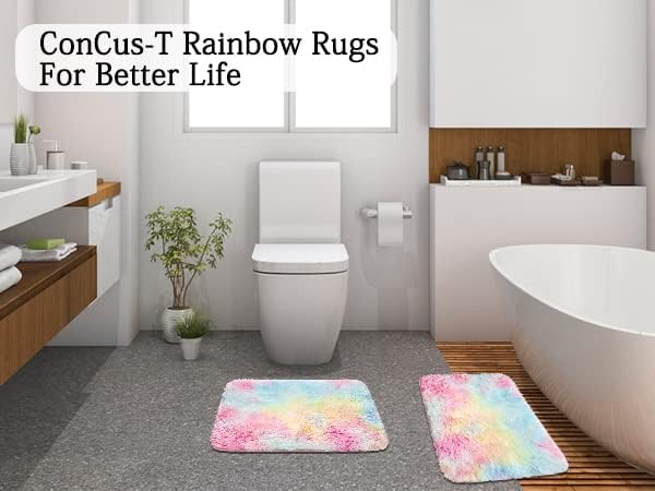 ConCus-T 2 tapetes de baño de arcoíris, diseño de unicornio, diseño de teñido anudado, alfombra de felpa de piel sintética para tina, cocina, sala