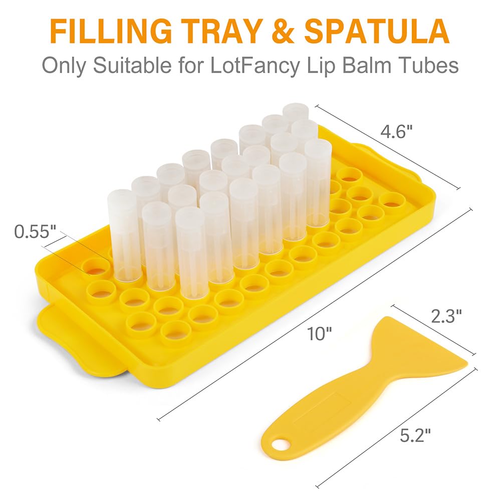LotFancy Tubos de bálsamo labial con bandeja de llenado y espátula, 50 unidades de 0.2 fl oz (316 onzas) recipientes de bálsamo labial transparentes