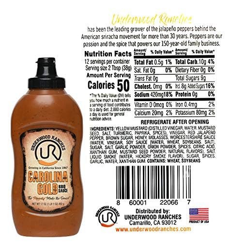 Underwood Ranches Spicy Carolina Gold BBQ Sauce, botella de 17 onzas (paquete de 2), salsa barbacoa a base de mostaza infundida con pimientos