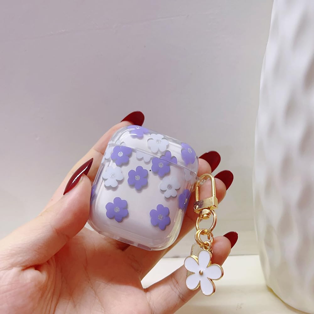Funda para AirPods de 21 generación con llavero, bonita funda protectora para auriculares con flores moradas y flores, TPU suave y transparente para