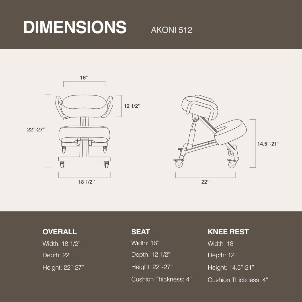 Silla ergonómica 512 AKONI, taburete ajustable para el hogar y la oficina, mejora tu postura, cojines gruesos y cómodos, ruedas de bloqueo (negro,