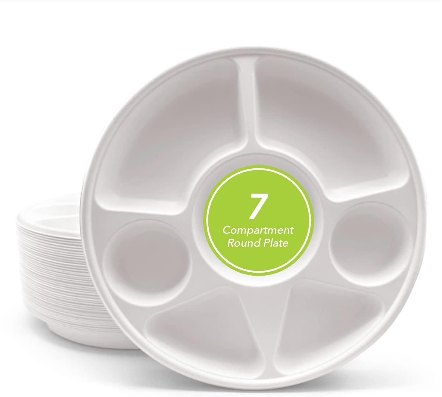 Three Leaf Plato redondo de bagazo de 7 compartimentos, 200 unidades, platos de bagazo desechables naturales y ecológicos, 100% biodegradables,