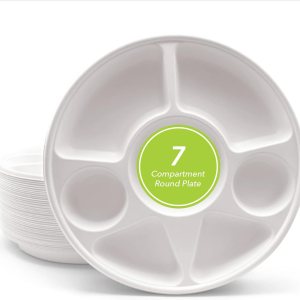 Three Leaf Plato redondo de bagazo de 7 compartimentos, 200 unidades, platos de bagazo desechables naturales y ecológicos, 100% biodegradables, Three Leaf Plato redondo de bagazo de 7 compartimentos, 200 unidades, platos de bagazo desechables naturales y ecológicos, 100% biodegradables,