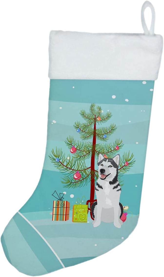 Caroline’s Treasures WDK3074CS Husky siberiano plateado y blanco #1 calcetín de Navidad para chimenea, medias colgantes de temporada de Navidad,