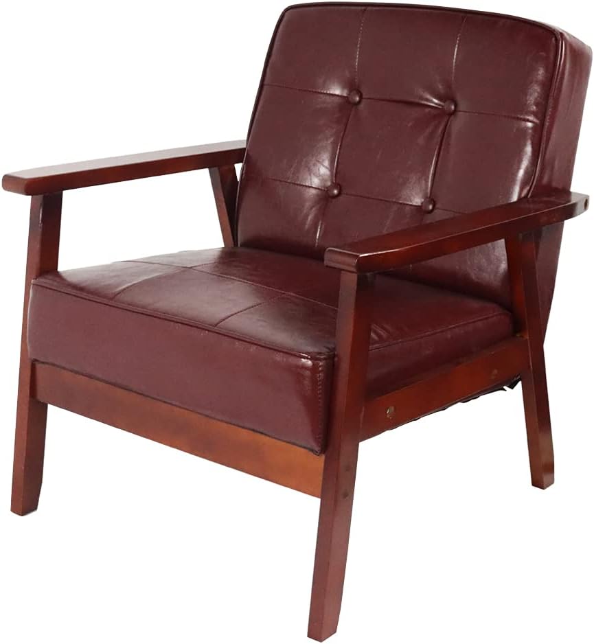 KKTONER Sofá de tela de salón moderno retro de mediados de siglo Silla de madera Sala de estar Dormitorio Estudio Balcón Sillón (rojo)