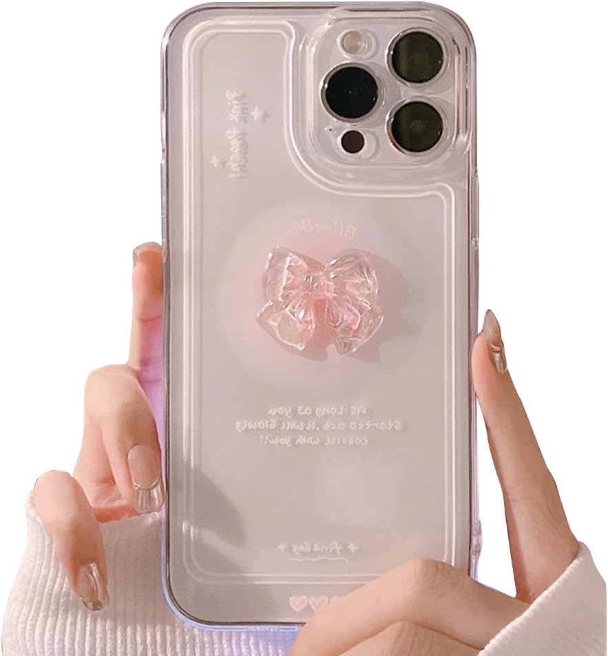Casechics Funda compatible con iPhone, bonita funda de cristal 3D con lazo y purpurina brillante para el lente de la cámara, transparente, suave, a