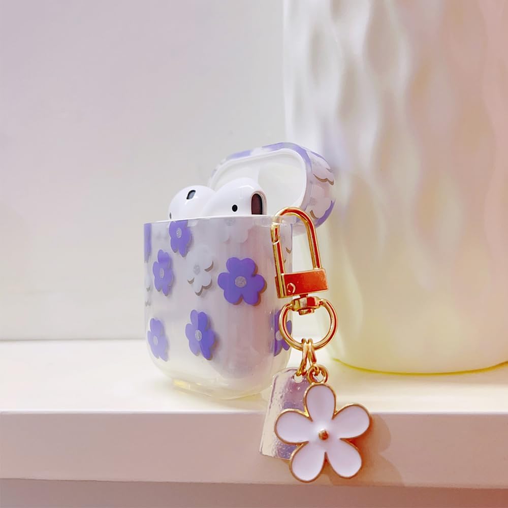 Funda para AirPods de 21 generación con llavero, bonita funda protectora para auriculares con flores moradas y flores, TPU suave y transparente para