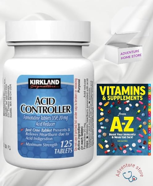 Kirkland Signature – Controlador de ácido de 20 mg, 125 unidades (paquete de 2) con suplementos exclusivos de vitaminas (3itens)