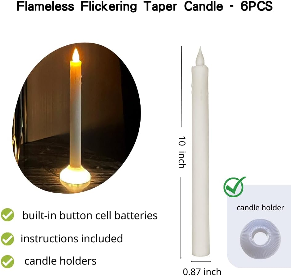 Velas cónicas parpadeantes sin llama de un solo uso, velas LED para ventana, funcionan con pilas, color blanco, juego de 6 para decoración de
