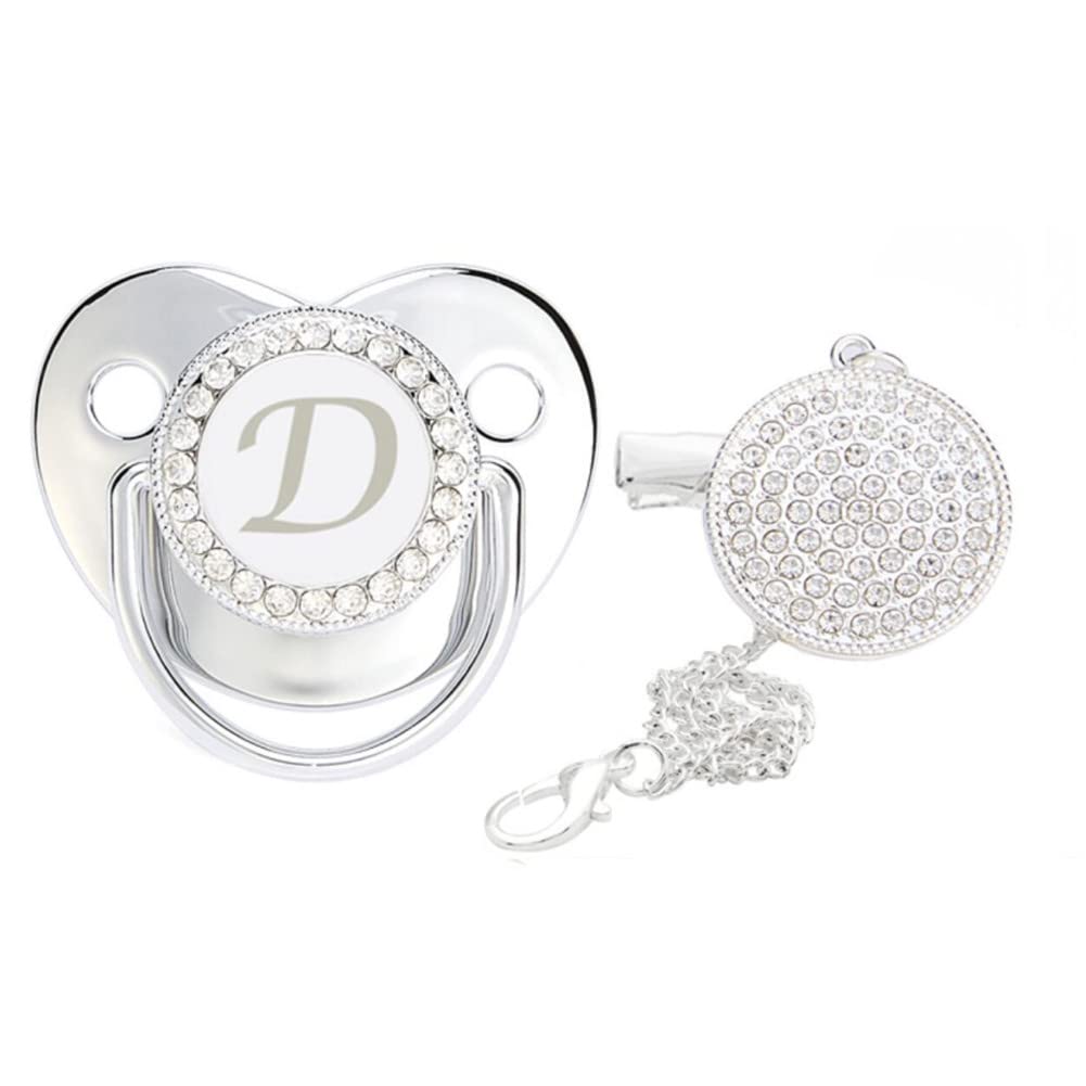 Genda 2Archer Chupete y clips para bebé con diamantes de imitación plateados, iniciales de 26 letras, personalizable, para bebé, recién nacido,