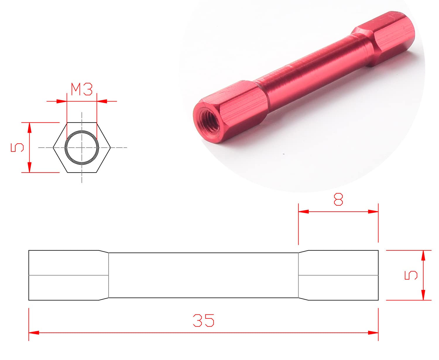12 piezas de aleación de aluminio hexagonal M3 x 1.378in, columna de pilar separador para drones de carreras, FPV, cuadricóptero, multirotores,