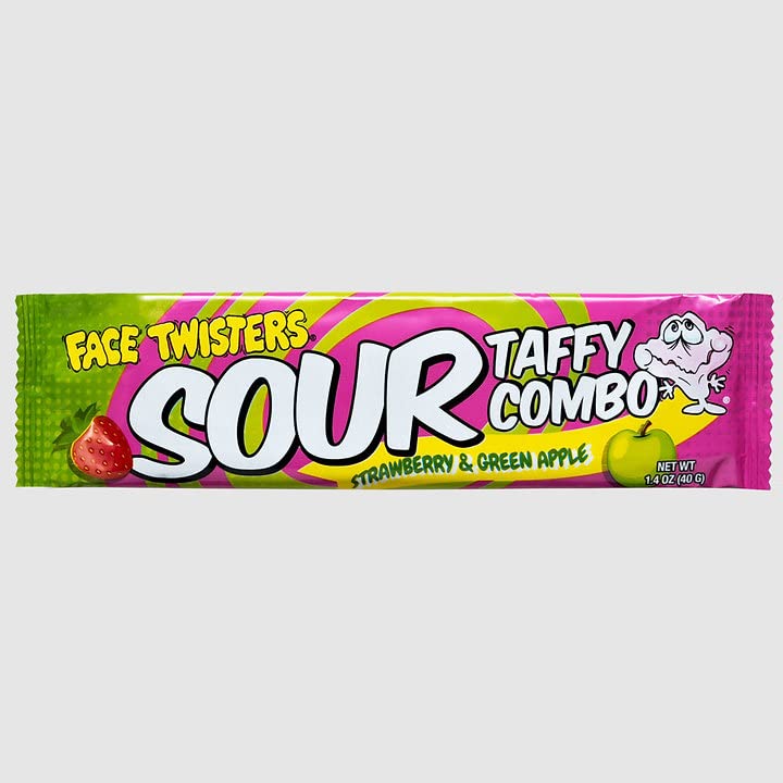 Face Twisters Sour Taffy Combo de fresa y manzana verde  Paquete de 4 barras grandes de caramelo agrio